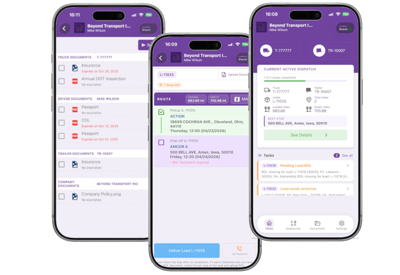 Beyond Transport driver app screens